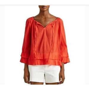 Lauren Ralph Lauren Black Label Red Ruffle Trim Crinkle Cotton Top Womens Size S